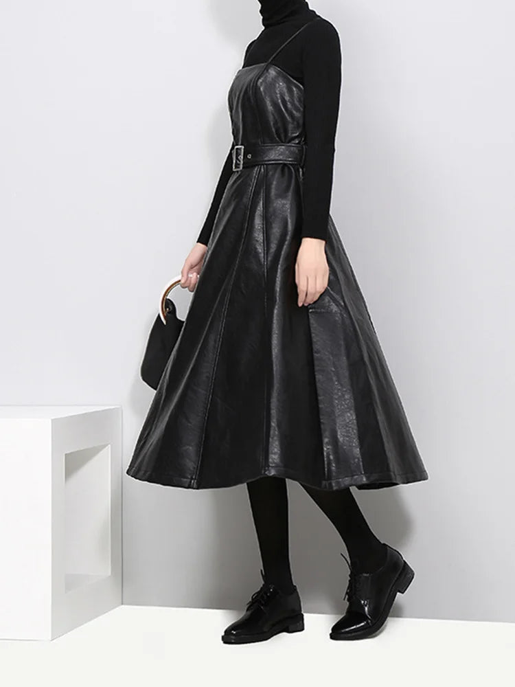 Long Leather Black Dress