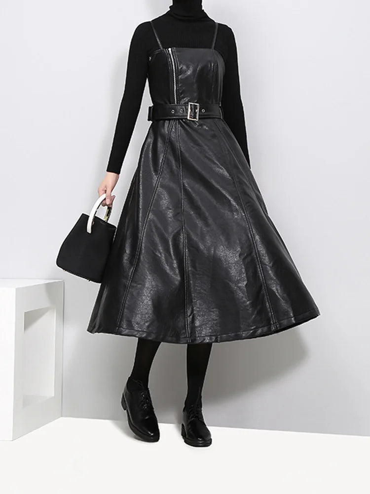 Long Leather Black Dress