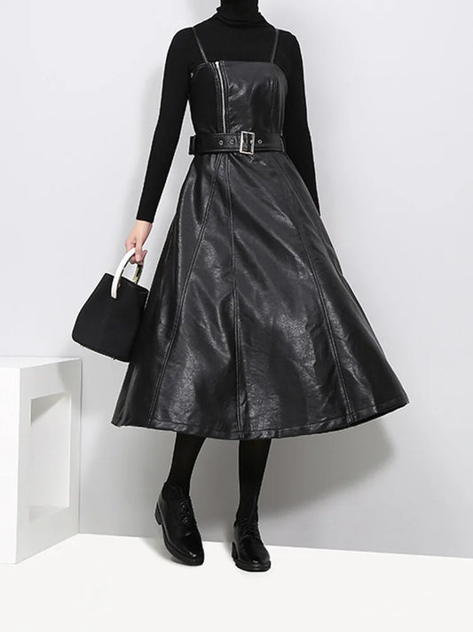 Long Leather Black Dress
