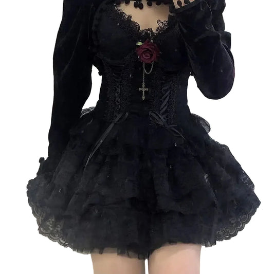 Women's Black Velvet Rose Lace Mini Dress - close-up of material and texture (1 of 2)
