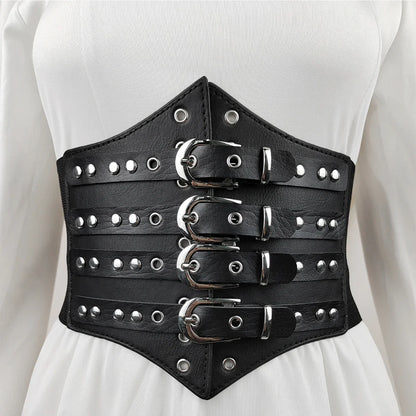 Women's Black Studded Four-Buckle Corset Belt - front studio view (1 of 3)