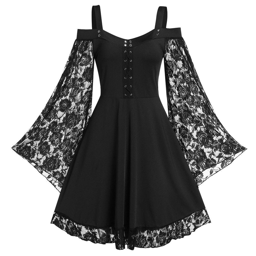 Women's Black Cold-Shoulder Lace Mini Dress - front studio view (1 of 2)