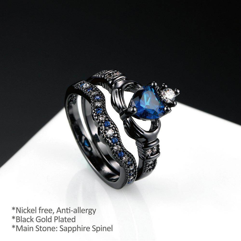 Black Blue Claddagh Heart Ring Set