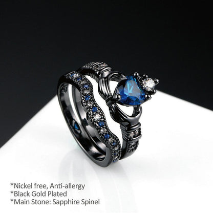 Black Blue Claddagh Heart Ring Set