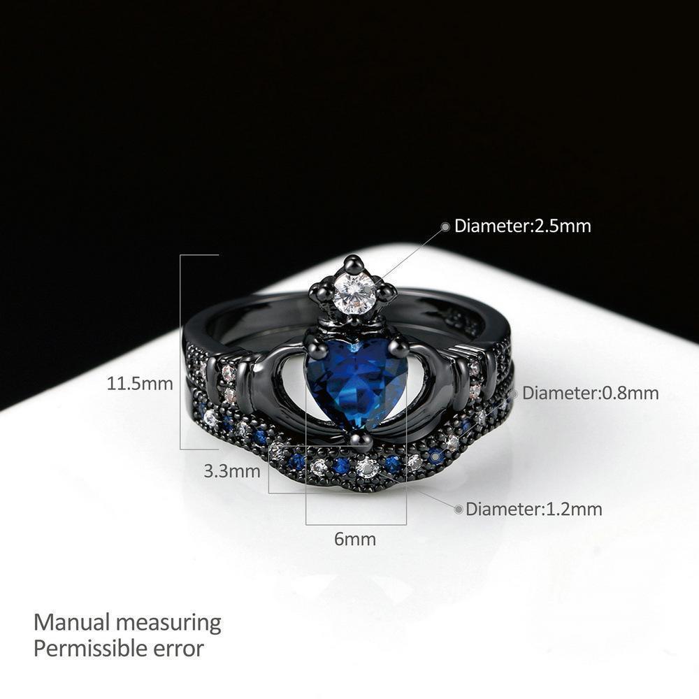 Black Blue Claddagh Heart Ring Set