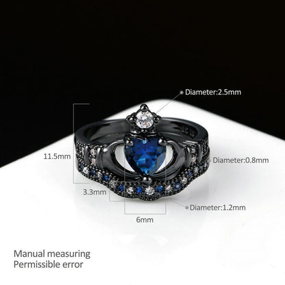 Black Blue Claddagh Heart Ring Set