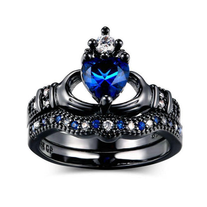 Women's Black Blue Claddagh Heart Ring Set - front studio view (1 of 5)