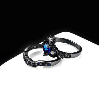 Black Blue Claddagh Heart Ring Set