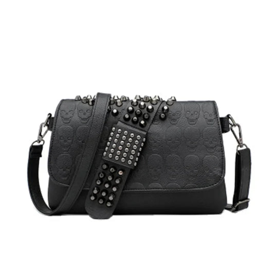 Women's Black Skull-Emboss Studded Crossbody Bag - front studio view