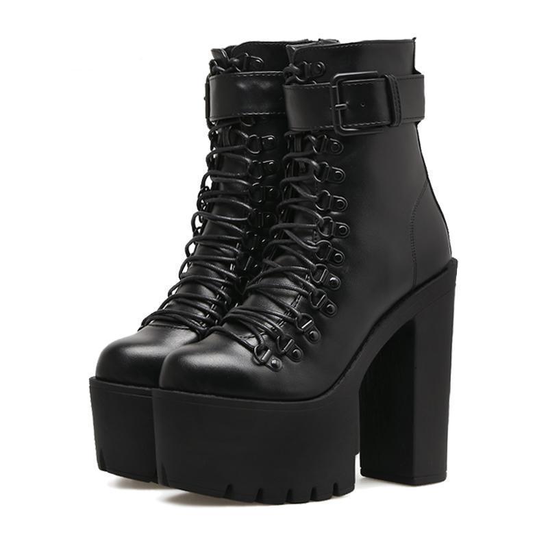 Women's Black Platform Lace-Up Ankle Boots - front studio view (1 of 4)