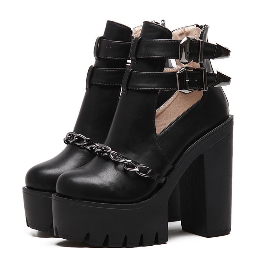 Women's Black Chain Cutout Platform Ankle Boots - front studio view (1 of 5)