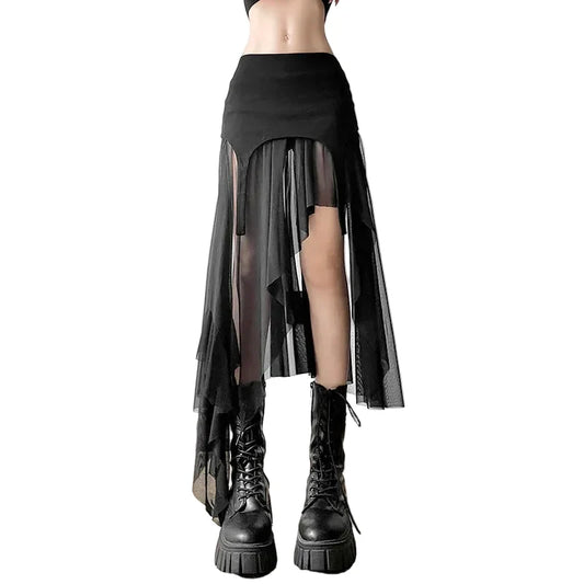 Women's Black Mesh Garter Asymmetric Skirt - primary photo, shown with a person (1 of 2)