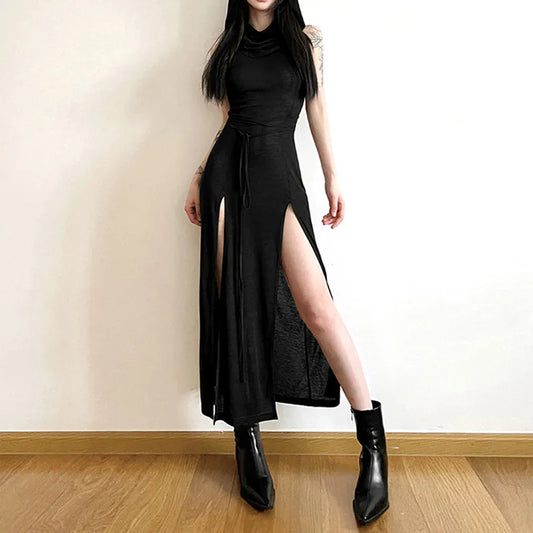 Women's Black High-Neck Double-Slit Maxi Dress - primary photo, shown with a person (1 of 2)