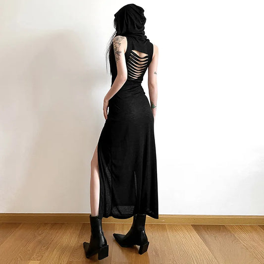 Black High-Neck Double-Slit Maxi Dress