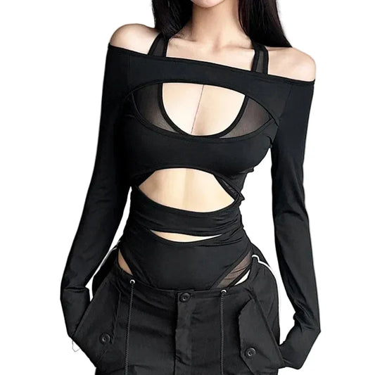 Women's Black Cold-Shoulder Cutout Mesh Bodysuit - primary photo, shown with a person (1 of 3)