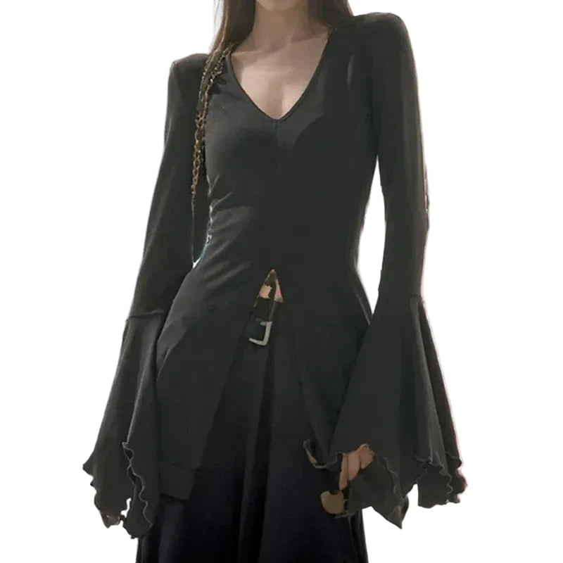 Women's Black V-Neck Bell-Sleeve Slit Top - primary lifestyle photo