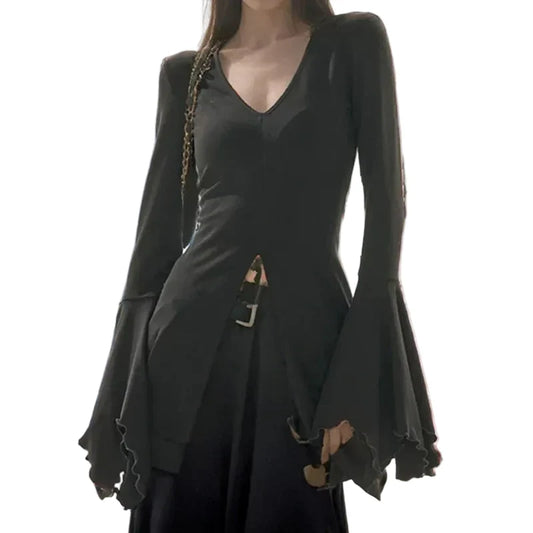 Women's Black V-Neck Bell-Sleeve Slit Top - primary lifestyle photo