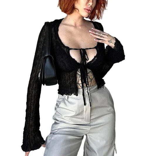 Black Sheer Crinkle Tie-Front Blouse Top