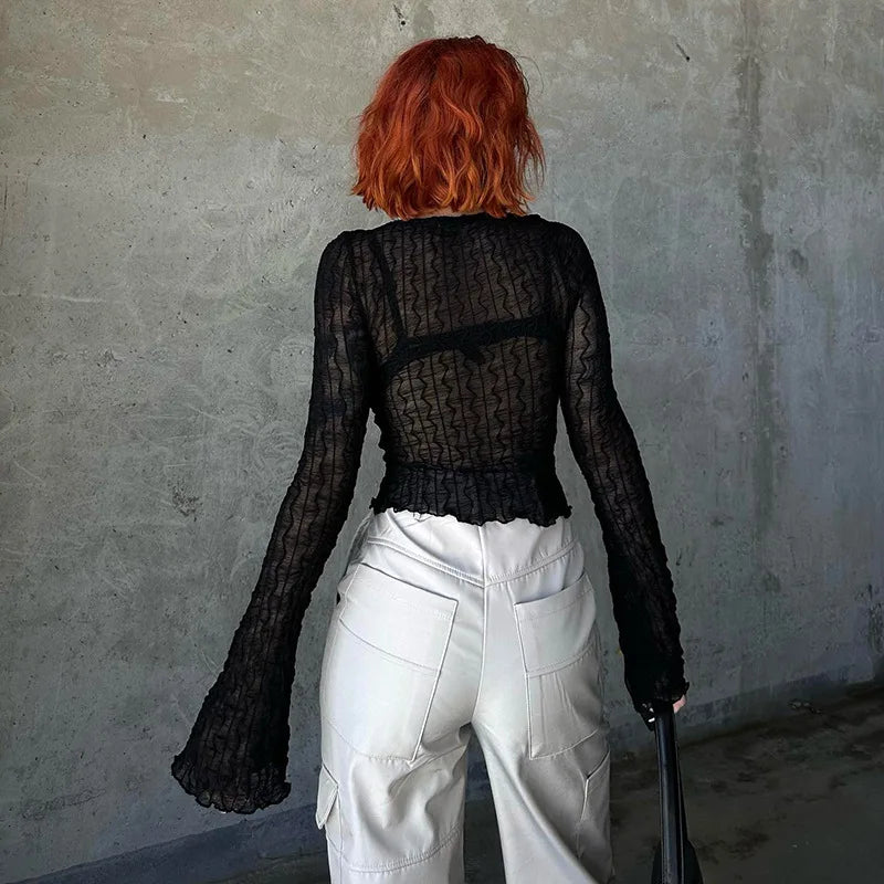 Black Sheer Crinkle Tie-Front Blouse Top