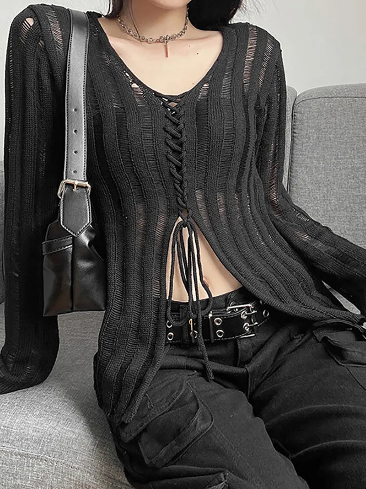 Black Lace-Up Distressed Knit Top