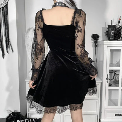 Black Velvet Lace-Sleeve Mini Dress