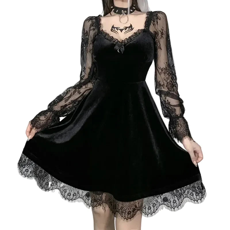 Women's Black Velvet Lace-Sleeve Mini Dress - primary lifestyle photo (1 of 4)