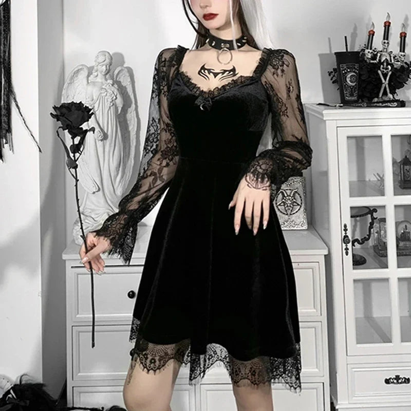 Black Velvet Lace-Sleeve Mini Dress