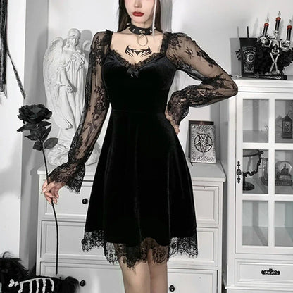 Black Velvet Lace-Sleeve Mini Dress