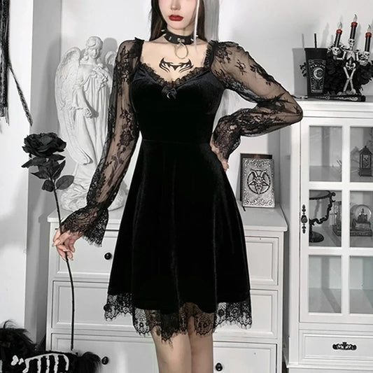 Black Velvet Lace-Sleeve Mini Dress