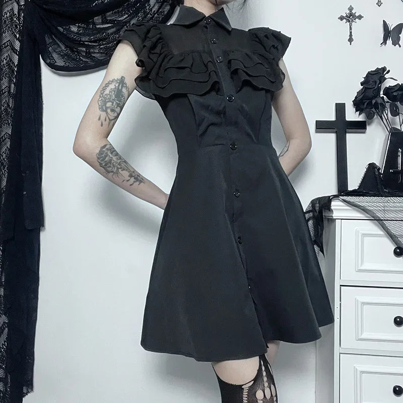 Black Ruffle Mesh Mini Dress