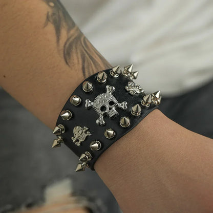 Men's Black Faux Leather Spiked Skull Cuff - primary photo, shown with a person (1 of 3)