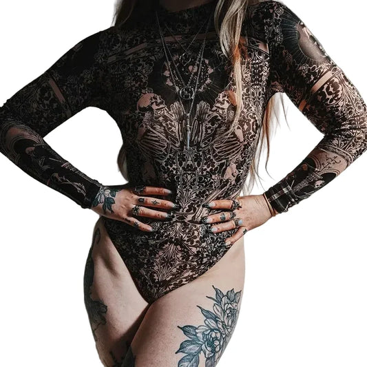 Nude Skeleton Print Mock-Neck Bodysuit
