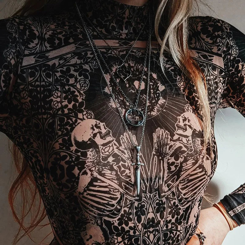 Nude Skeleton Print Mock-Neck Bodysuit