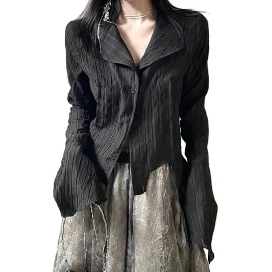 Women's Black Crinkle Lapel Bell-Sleeve Blouse - primary photo, shown with a person (1 of 3)