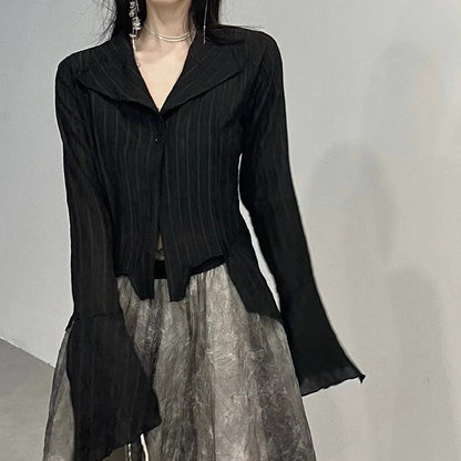 Black Crinkle Lapel Bell-Sleeve Blouse Top