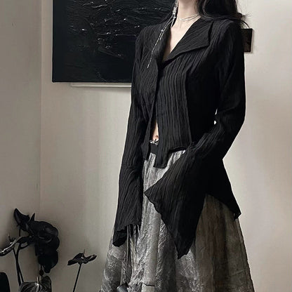 Black Crinkle Lapel Bell-Sleeve Blouse Top