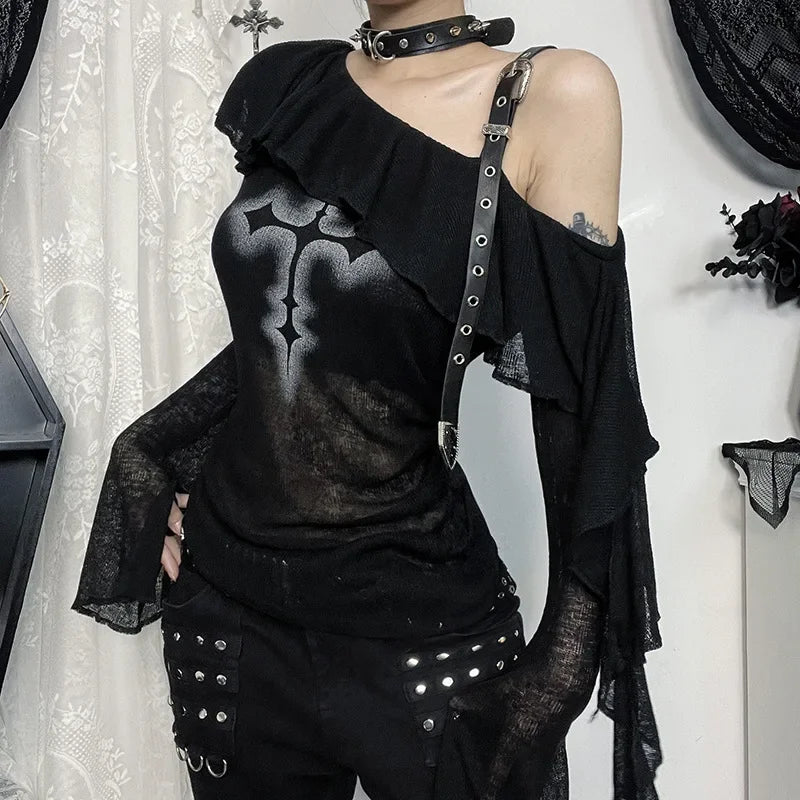 Black Off-Shoulder Cross Graphic Blouse Top