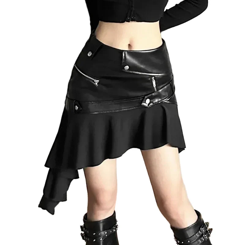 Women's Black Faux Leather Asymmetric Zip Mini Skirt - primary photo, shown with a person (1 of 2)