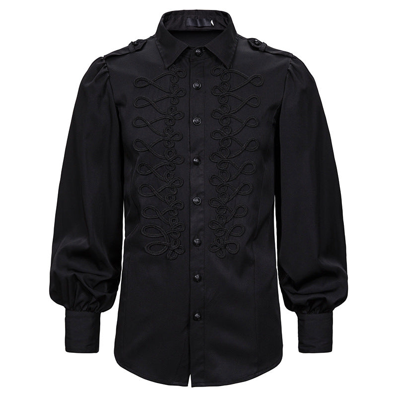 Men's Black Red Blue Frogged Bishop Shirt - front studio view (1 of 7)