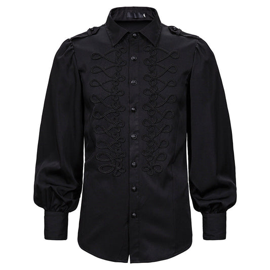 Men's Black Red Blue Frogged Bishop Shirt - front studio view (1 of 7)