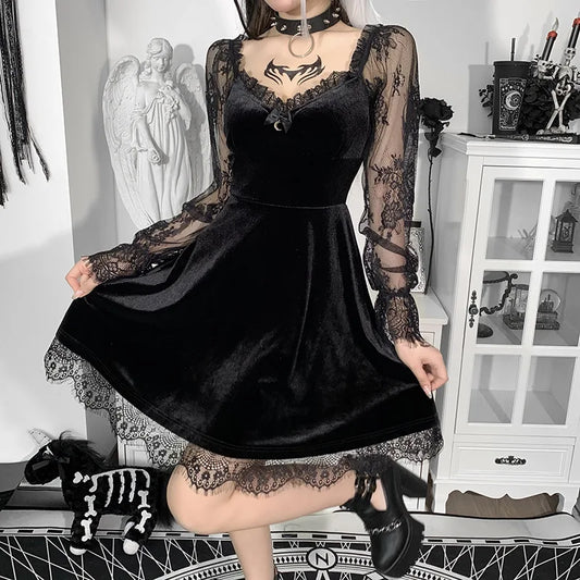 Black Velvet Scalloped-Lace Mini Dress