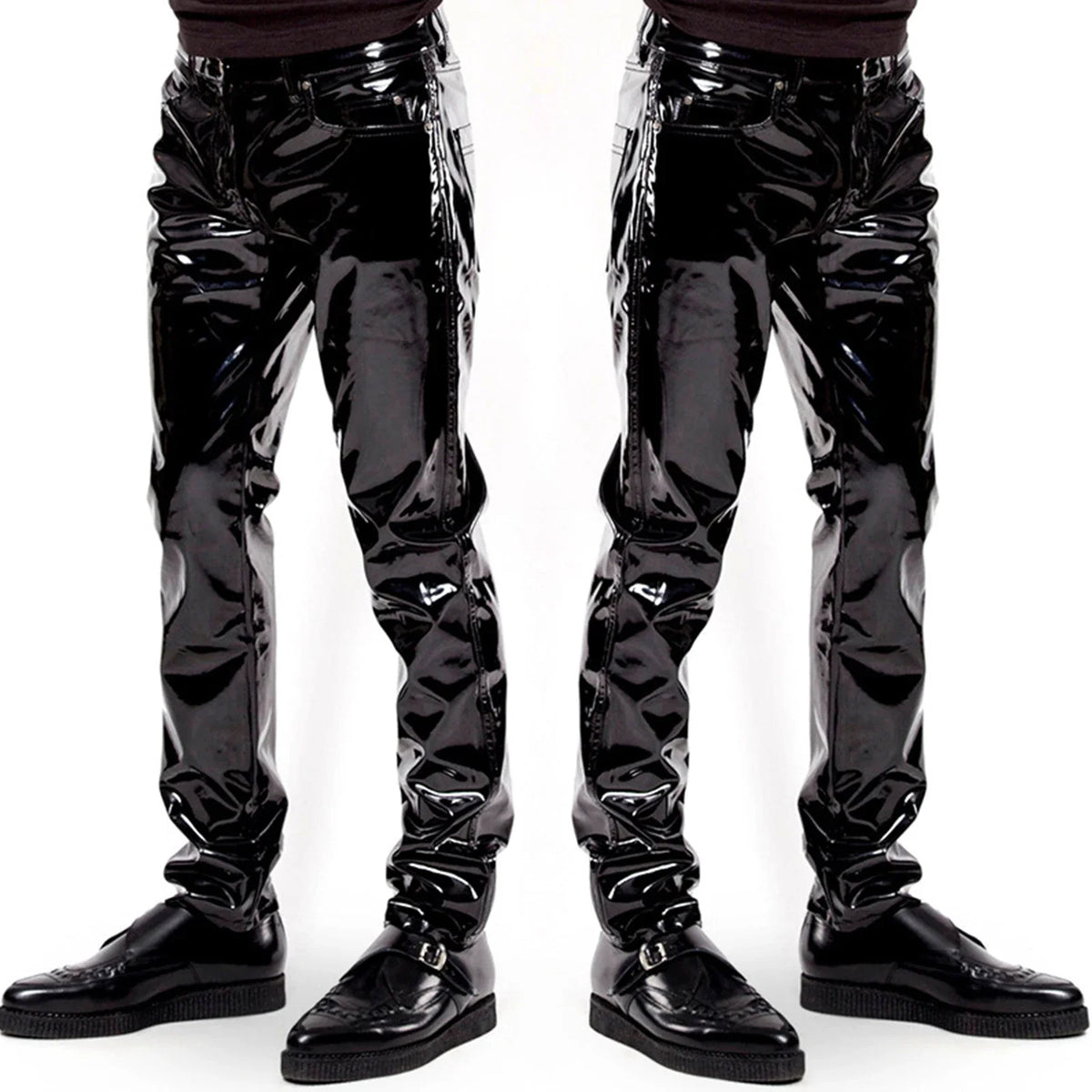 Men Latex Long Pants Shiny Wet Look PU Leather Pants Glossy Mid Waist Straight Trousers Party Bar Nightclub Stage Show Costume - Creepy Goth