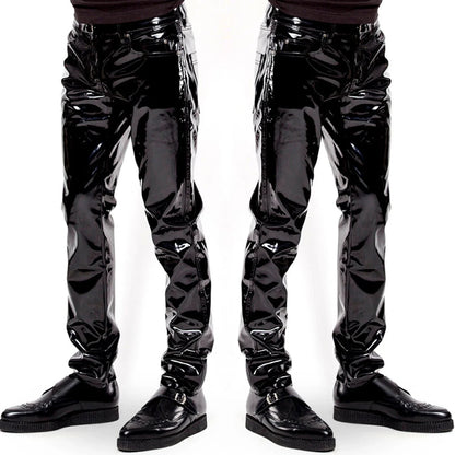 Men Latex Long Pants Shiny Wet Look PU Leather Pants Glossy Mid Waist Straight Trousers Party Bar Nightclub Stage Show Costume - Creepy Goth
