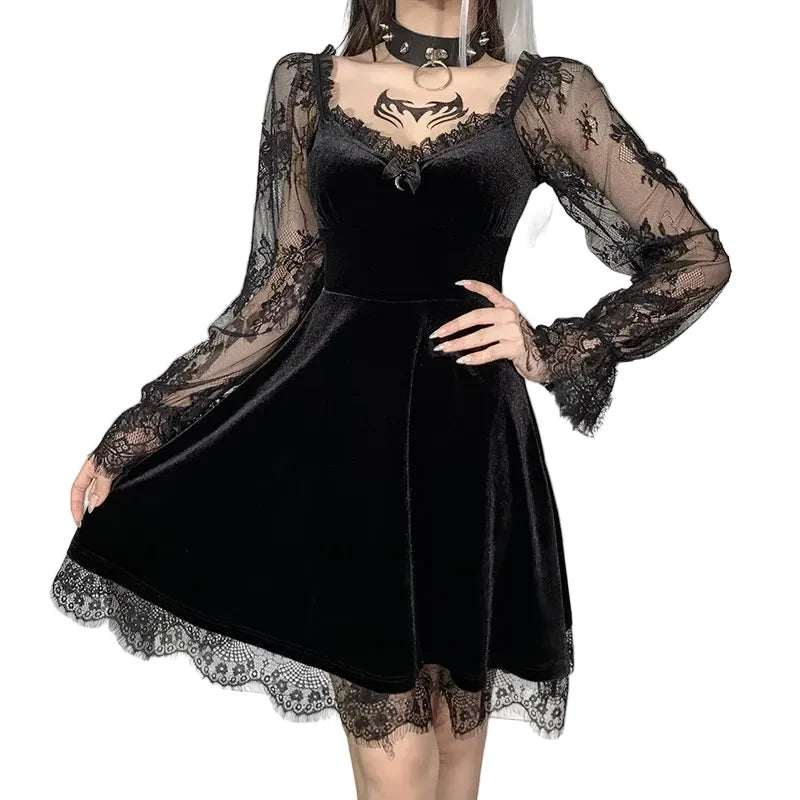 Women's Black Velvet Scalloped-Lace Mini Dress - primary photo, shown with a person (1 of 2)