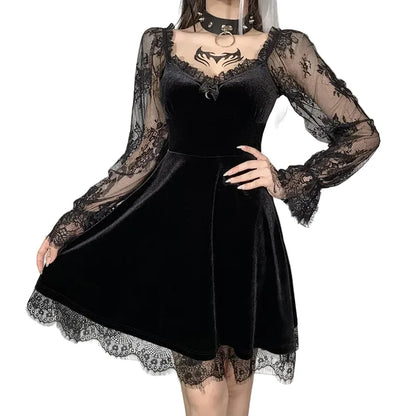 Women's Black Velvet Scalloped-Lace Mini Dress - primary photo, shown with a person (1 of 2)