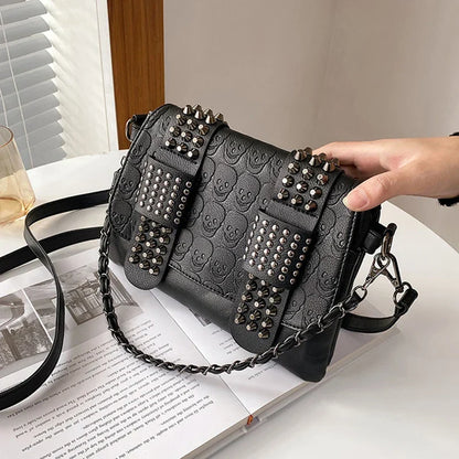 Black Skull-Print Studded Flap Bag