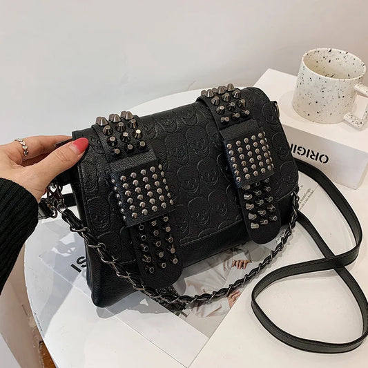 Women's Black Skull-Print Studded Flap Bag - primary lifestyle photo (1 of 3)