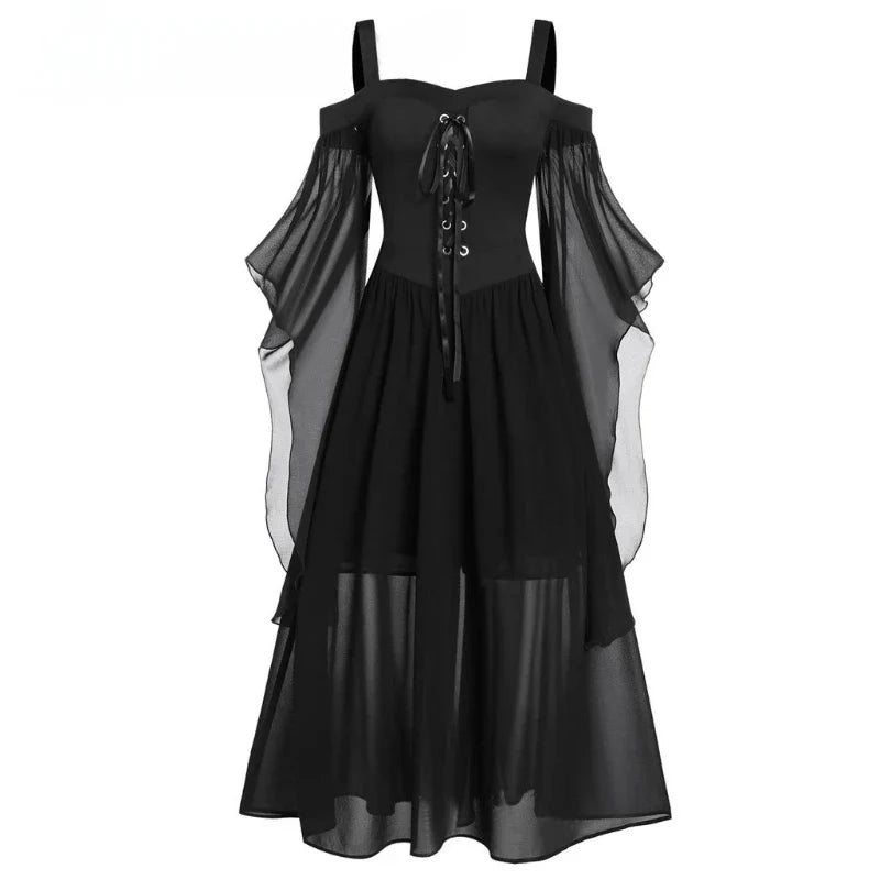 Women's Black Sheer Bell-Sleeve Midi Dress - front studio view