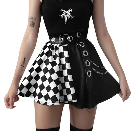 Women's Black Checkerboard Asymmetric Mini Skirt - primary photo, shown with a person (1 of 2)