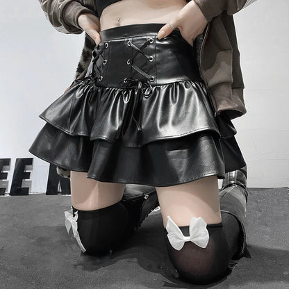 Women's Black Faux Leather Lace-Up Ruffle Mini Skirt - primary photo, shown with a person (1 of 3)